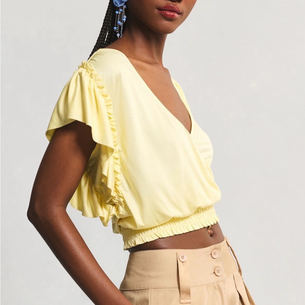 Anthropologie Pale Yellow Ruffle-Sleeve V-Neck Top